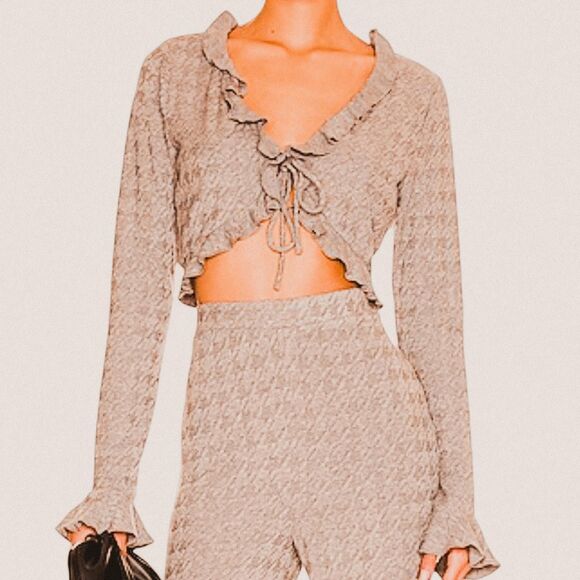 Majorelle Revolve Elena Heather Grey Knit Tie Front Cardigan Coquette Ruffle Top - Picture 1 of 8